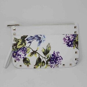 White House Black Market White Floral Hydrangea Studded Wristlet Handbag